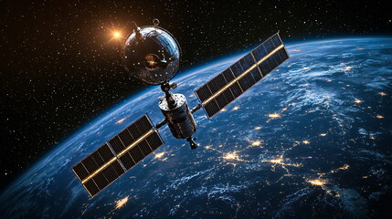 Obraz premium Satellite orbiting Earth with solar panels extended in space, surrounded by stars and the glowing lights of cities visible from the planet's surface at night