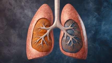The Impact of PM 2.5 on Health and Environment Themed, detailed illustration of healthy and unhealthy lungs, showcasing their structure and function