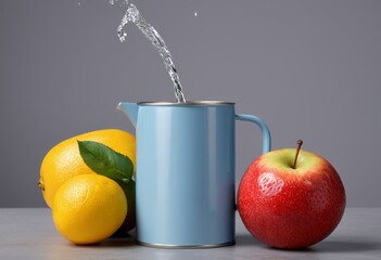 Close up fruit and pitcher on table against grey background