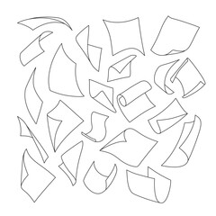 White curled paper sheet flying with wind blow. Realistic 3d vector illustration of floating in air empty curved document pages. Mockup of scattered flying note.