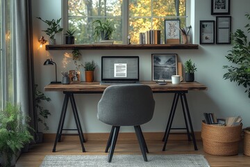 Stylish home office setup with A-frame desk, black metal legs, wooden top, side shelves for storage, grey fabric chair, and decor elements for a functional workspace.