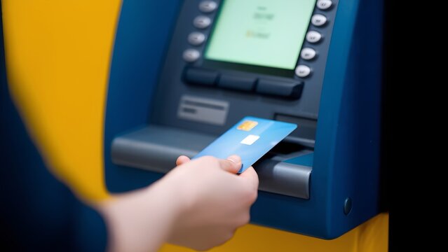Close-Up of Hand Holding a Debit Card in Front of an ATM &ndash; Banking and Financial Transactions