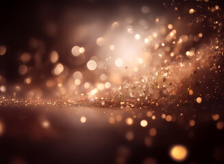 Obraz premium Soft golden bokeh lights and shimmering sparkles create a dreamy, festive atmosphere. Blurred spots of radiant light illuminate a dark, elegant backdrop with a magical glow.