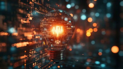 Obraz premium Futuristic Light Bulb with Glowing Filament Surrounded by Bright Bokeh and Abstract Digital Background for Innovation and Creativity Themes