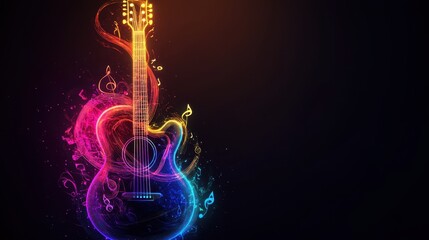 Vibrant Neon Guitar with Musical Notes and Abstract Colorful Flames Design