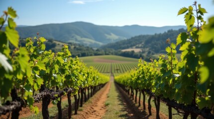 Naklejka premium vineyard with rows of vines featuring new leaves sprouting