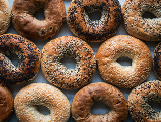 Top view of rows of many assorted bagels filling the frame.