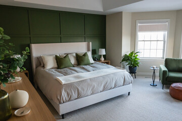 Large mid-century modern bedroom with green accent wall.