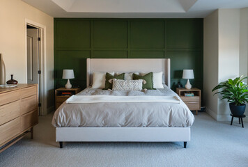 Large mid-century modern bedroom with green accent wall.