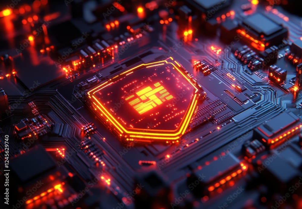 Poster futuristic microchip with glowing patterns and intricate circuitry in a dark environment, showcasing