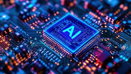 Obraz premium Futuristic microchip with glowing AI symbol on a vibrant circuit board showcasing advanced technology and innovation in artificial intelligence