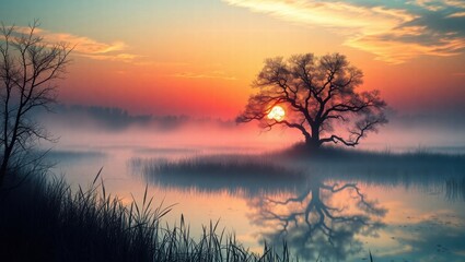 Obraz premium Tranquil Sunrise Over Misty Marsh with Tree Reflection