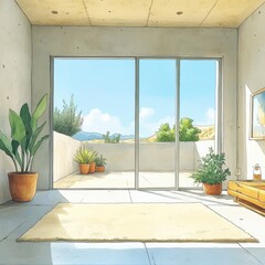 Room with a large window and a view of the mountains