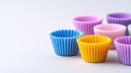 Colorful silicone baking cups in various shades perfect for cupcake and dessert presentations.