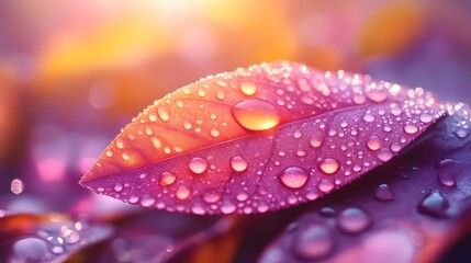 Dewdrops Glisten on a Vibrant Purple Leaf in Sunlight