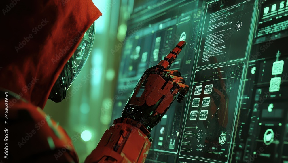 Poster futuristic robot with a red hood interacts with glowing digital interface in a technology-driven env