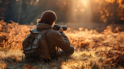 Autumn photographer in forest at sunrise