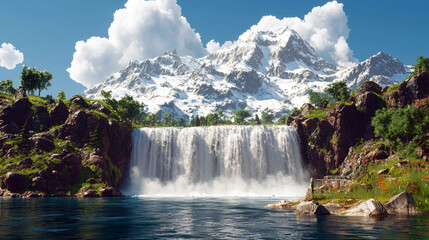 Fototapeta premium Majestic Waterfall in a Mountain Valley: A Serene Landscape of Nature's Beauty