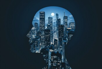 Human head with city at night inside as negative space. Concept of citylife