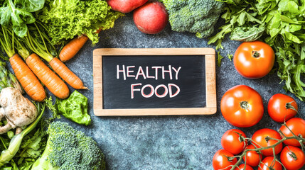 Vibrant array of fresh vegetables and fruits highlights healthy food lifestyle on rustic green backdrop