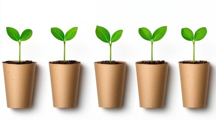 Five small green plants growing in biodegradable pots symbolize growth and sustainability in gardening.