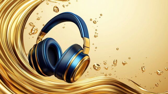 Luxury Blue and Gold Headphones Immersed in Golden Liquid Wave Abstract Background