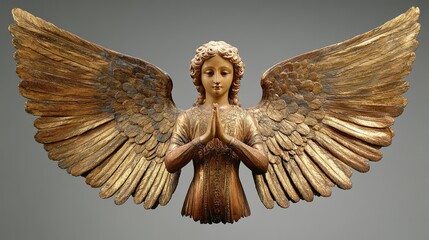 Majestic angel sculpture with golden wings in serene pose, showcasing intricate craftsmanship and spiritual elegance