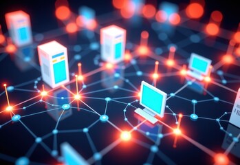 The image depicts a network visualization, showcasing a complex interconnected system Numerous glowing nodes, resembling stars or data points are linked together by a dense web of lines.