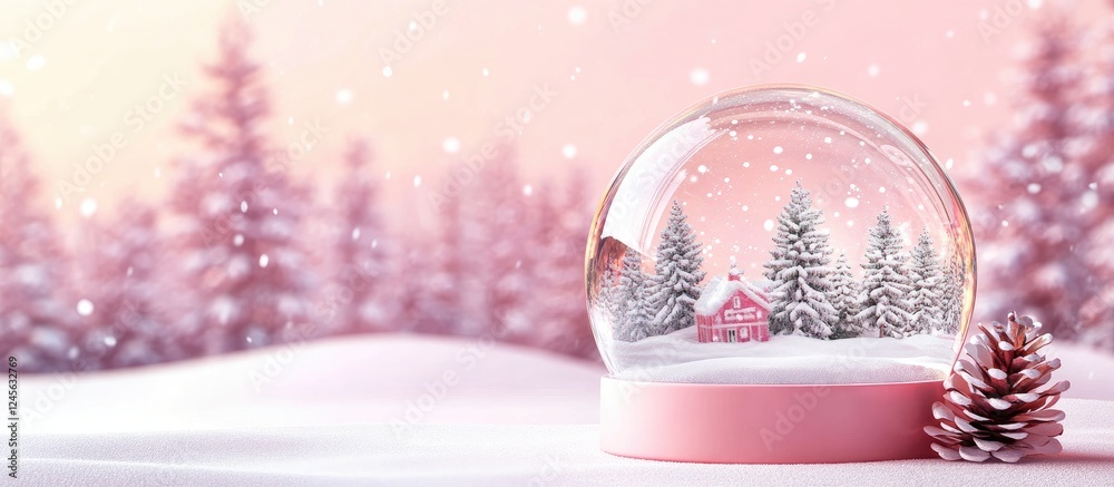 Poster charming snow globe with a winter scene pine trees and a pink pastel background softly blending into
