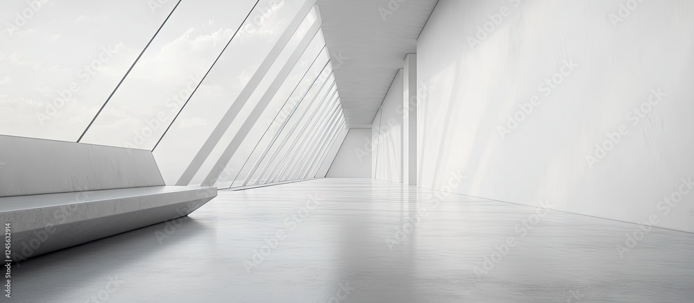 Fototapete Tranquil empty museum gallery with minimalistic white walls and floor, featuring natural light creating soft shadows under an overcast sky.