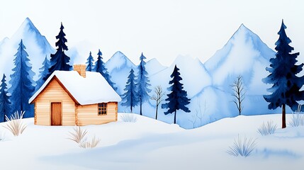 Naklejka premium Tranquil Watercolor of a Cozy Cabin in a Snowy Mountain Winter Landscape