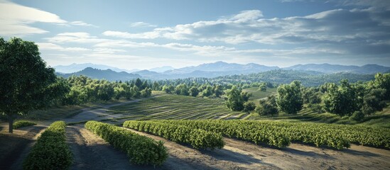 Lush green landscape with rolling hills and planted rows of trees under a bright blue sky showcasing natural environment and tree planting initiative