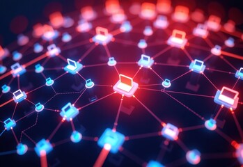 The image depicts a network visualization, showcasing a complex interconnected system Numerous glowing nodes, resembling stars or data points are linked together by a dense web of lines.