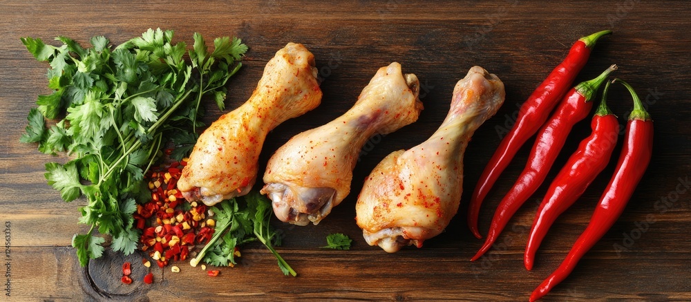 Poster fresh raw chicken drumsticks arranged with vibrant red chili peppers and fresh cilantro on a rustic 