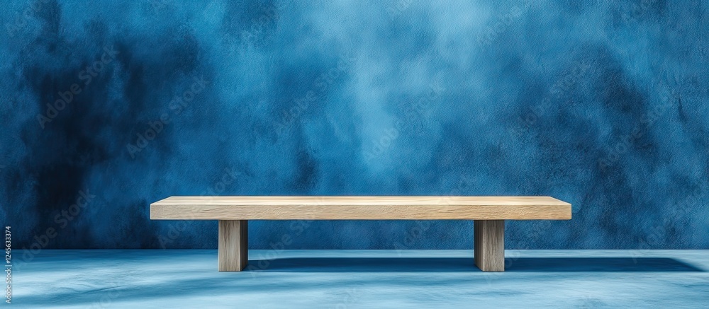 Poster elegant wooden desk platform on a soft blue textured backdrop perfect for showcasing modern designs 