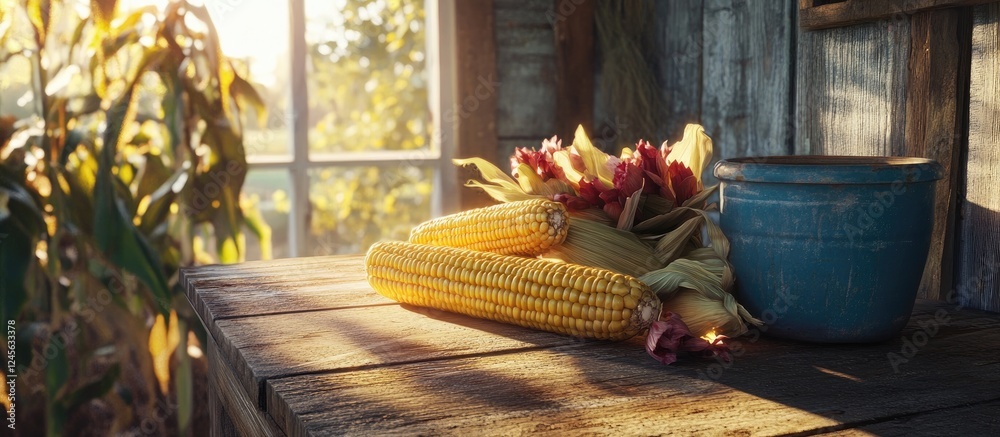 Poster vibrant golden corn on the cob arranged with colorful peppers on a weathered wooden table with soft 