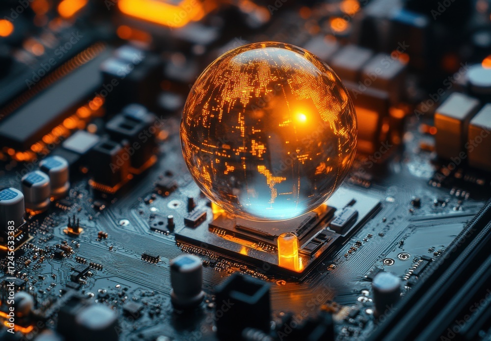 Poster futuristic technology concept with glowing globe on circuit board displaying digital world with soft