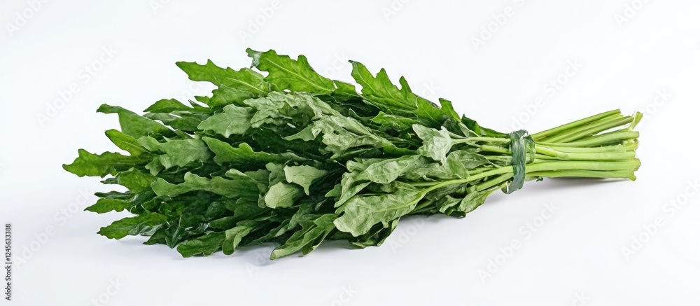 Poster Vibrant green Loroco fern vegetables arranged in a bundle against a clean white backdrop showcasing their unique shape and texture.