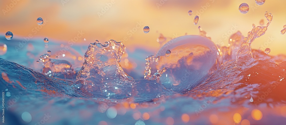 Poster dynamic close-up of vibrant water splashes and bubbles with hues of blue and orange, capturing motio