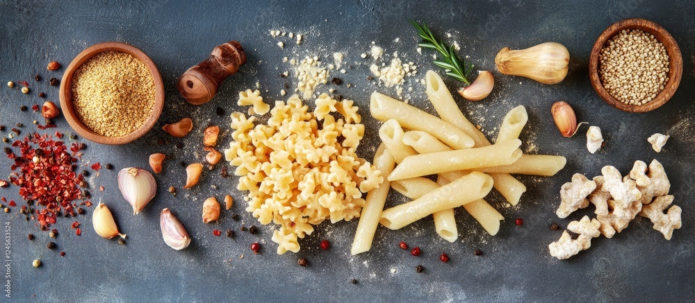 Poster vibrant flat lay featuring various pastas including pici and ingredients like garlic and nuts arrang