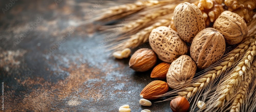 Poster Rustic arrangement of assorted nuts and wheat placed on a textured dark backdrop with warm brown and golden tones perfect for festive culinary designs