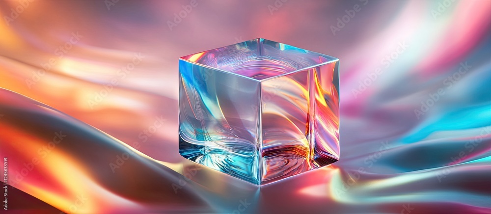 Poster iridescent glass prism resting on a flowing abstract background with vibrant pink, blue, and orange 