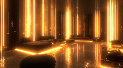 Golden glow illuminating modern lounge with sleek furniture, linear light design, and reflective surfaces, creating an abstract futuristic atmosphere ideal for relaxation.