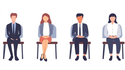 Young Businessman and Businesswoman Sitting in a Row Waiting for Interview. Recruitment Scene in Office with Candidates and Colleagues