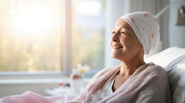 Portrait of the patient woman after chemotherapy&nbsp;female cancer patient wearing head scarf