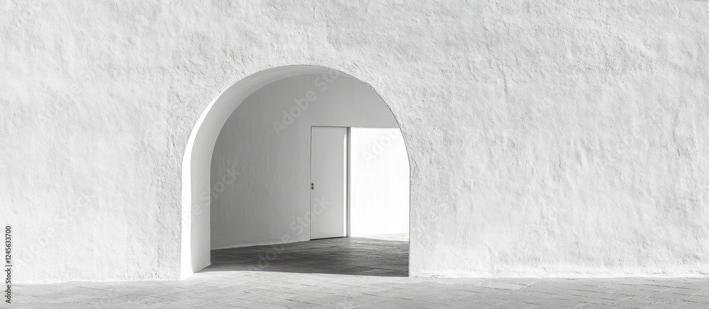 Poster white minimalist interior featuring a curved doorway with an open door on the right side emphasizing