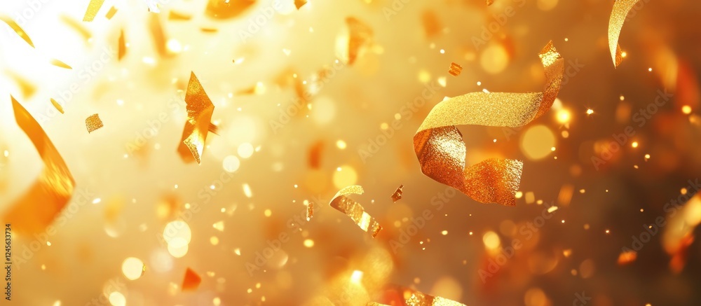 Poster vibrant gold confetti floats against a glittering golden bokeh background with scattered light refle