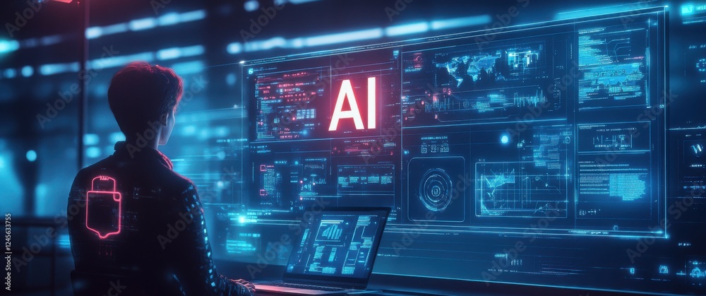 Poster futuristic technology scene featuring ai concept with data visualizations and digital interfaces in 