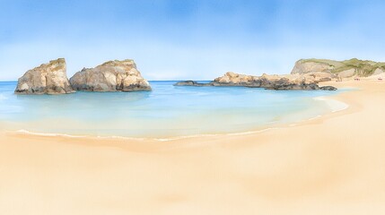Serene Coastal Scene with Calm Waters and Sandy Beach Under a Clear Blue Sky, Evoking Peacefulness and Tranquility
