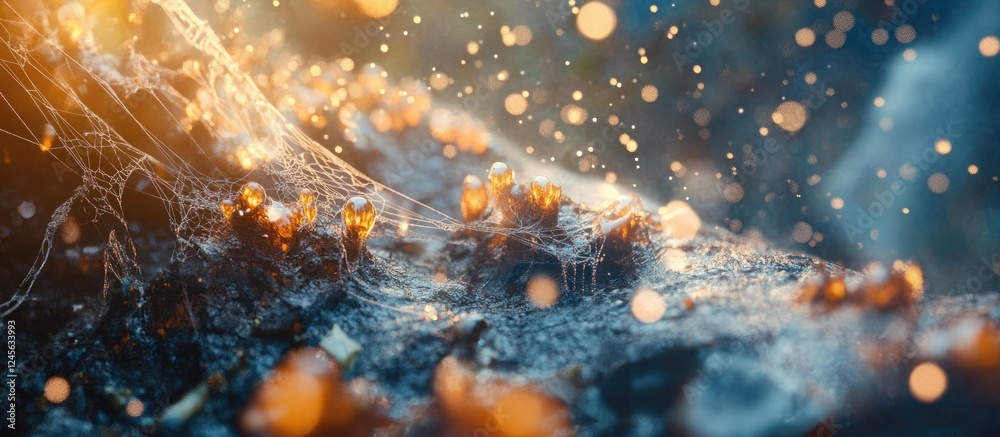 Poster Macro shot focusing on a dew-laden spiderweb with warm golden bokeh in the background, highlighting intricate textures and natural beauty.